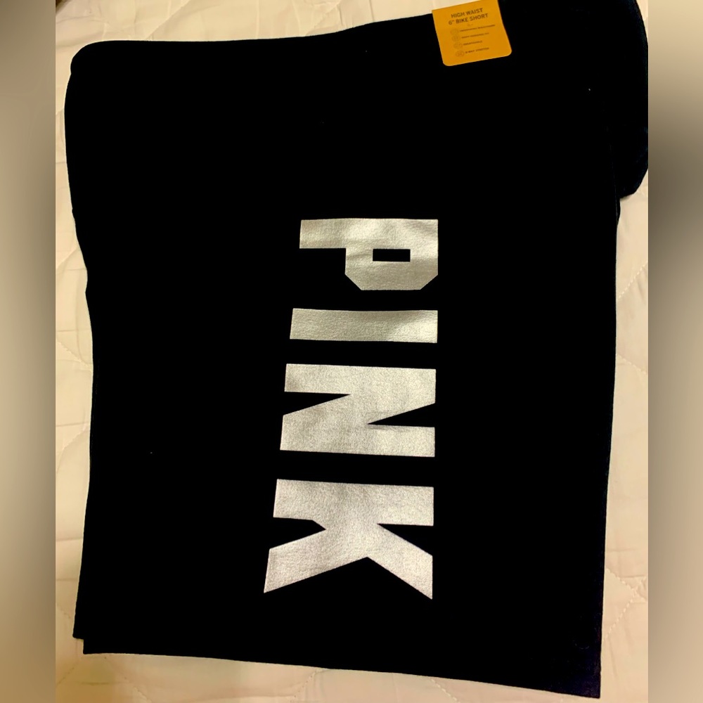 NWT Size XL VS Pink 6” biker shorts black with silver foil PINK logo lettering